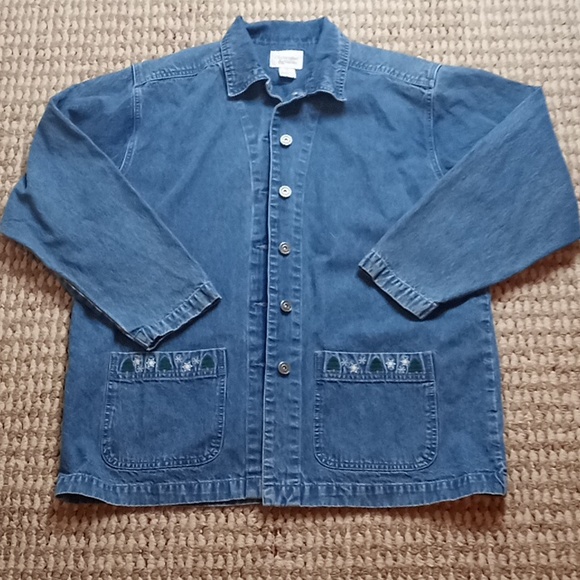 Christopher & Banks Jackets & Blazers - Holiday Denim Jean Jacket Trees Snowflakes Large Embroidered Jacket Top C&B